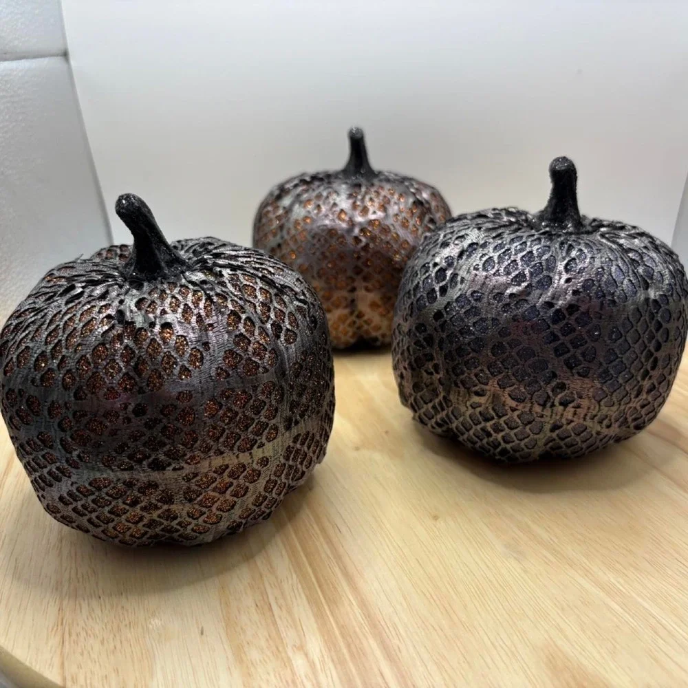 Set of 3 Halloween Gothic Mesh Sparkle Snakeskin Pumpkins Brown Black 5in